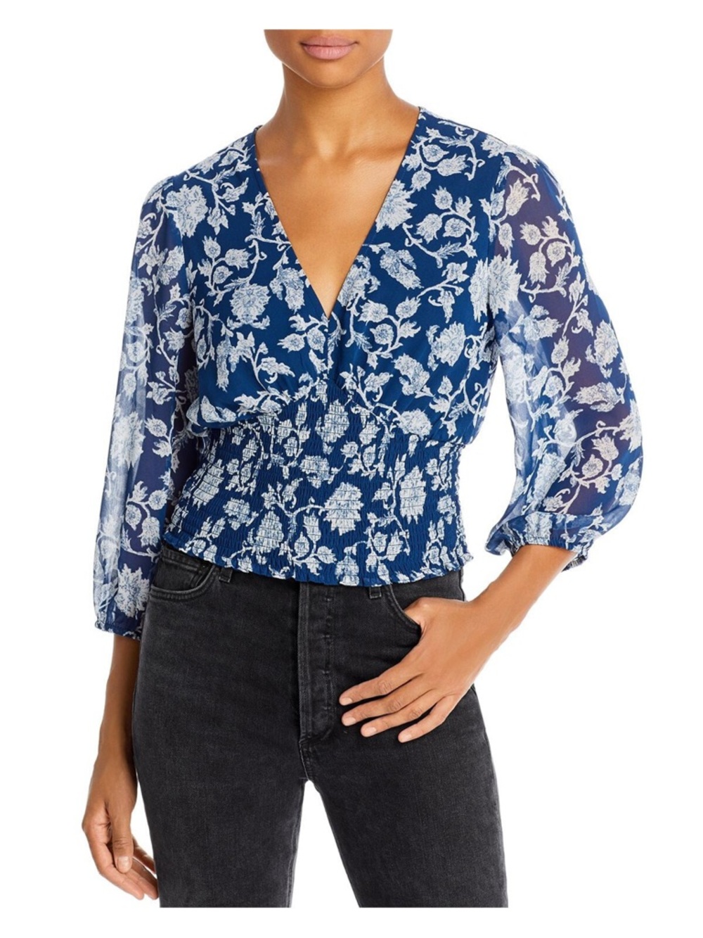 Aqua Blue Floral Smocked V-Neck Blouse Size M